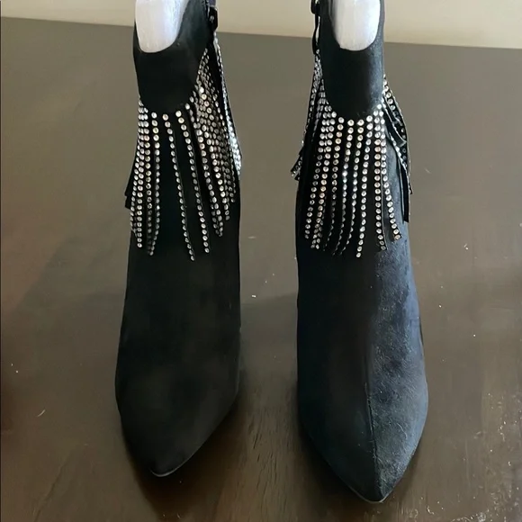 Black Faux Suede Fringe Ankle Boots - Picture 2 of 6